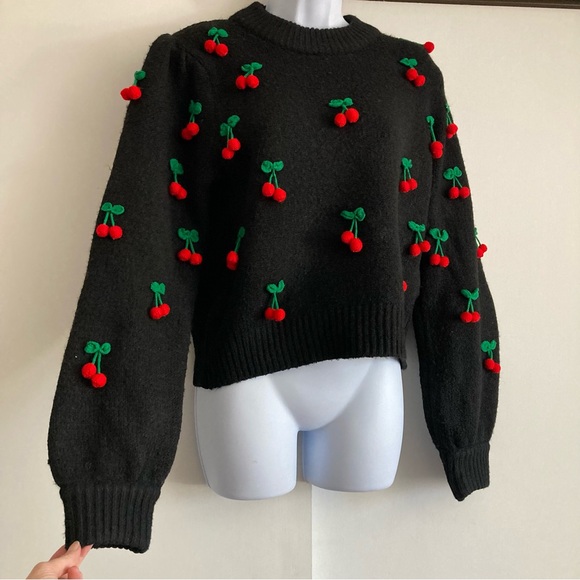 Farm Rio Black Cherry Adorned Crewneck Pullover Sweater, Sz M *See Description* - Picture 4 of 16